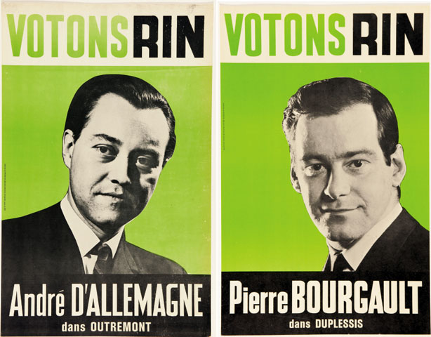 Posters for candidates André D'Allemagne and Pierre Bourgault of the Rassemblement pour l'indépendance nationale (RIN) during the provincial elections of 1966
