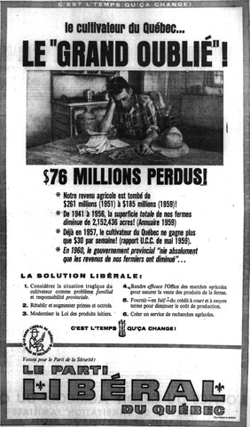 Publicité du Parti libéral lors de la campagne électorale de 1960 déplorant le sort des agriculteurs sous le gouvernement de l'Union Nationale