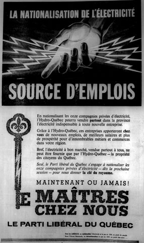 Publicité du Parti libéral lors de la campagne électorale de 1962 qui a comme principal enjeu la nationalisation de l'électricité