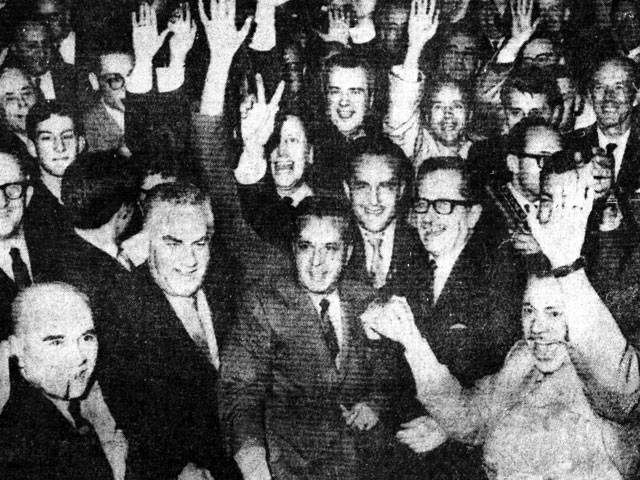 The arrival of the new Premier of Quebec, Daniel Johnson, at the Quebec Airport the day after winning the provincial elections of 1966