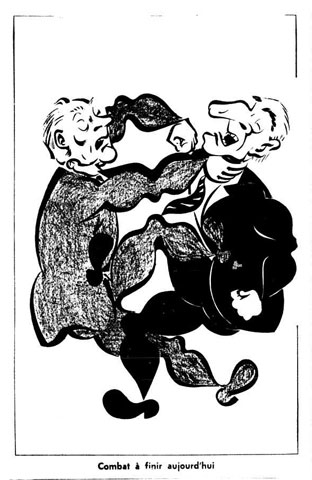 Caricature sur laquelle on retrouve le chef de l'Union Nationale, Antonio Barrette, et celui du Parti libéral, Jean Lesage