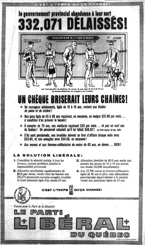 Publicité du Parti libéral lors de la campagne électorale de 1960 déplorant le sort des plus démunis de la société québécoise