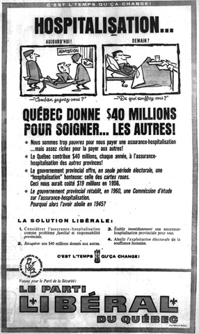 Publicité du Parti libéral lors de la campagne électorale de 1960 portant sur les soins de santé